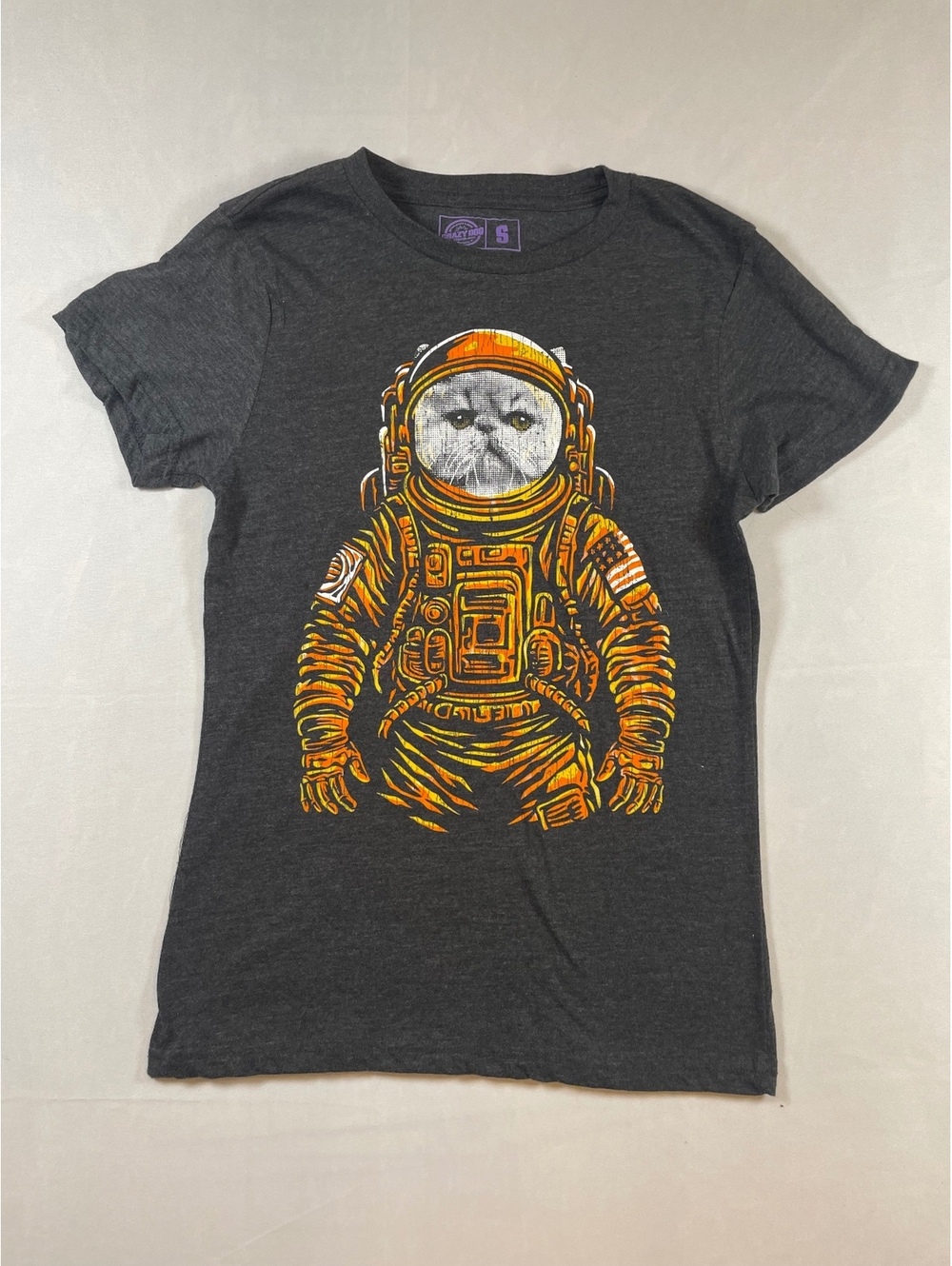 Crazy Dog T-Shirts Womens Small Space Cat Astronaut Graphic Tee Charcoal Gray